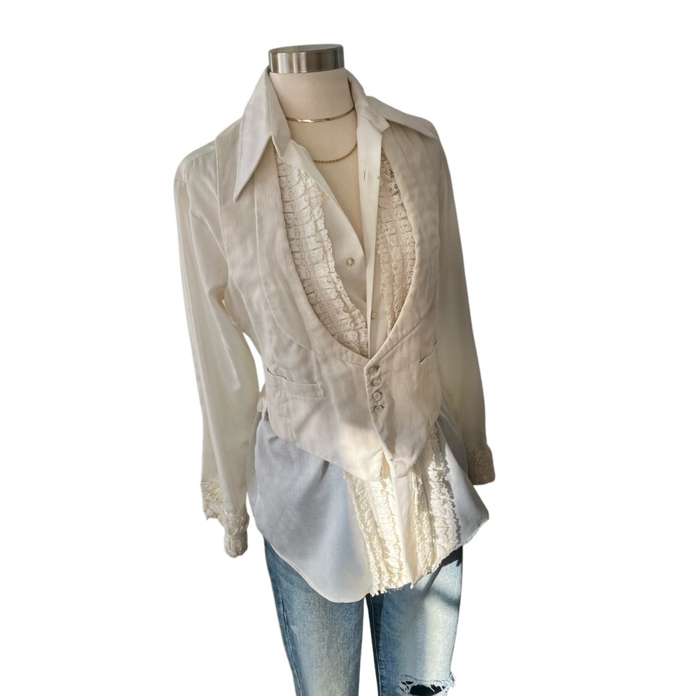 Vintage 1960s McHenri longline ruffle blouse with corduroy vest ivory 2 pc set